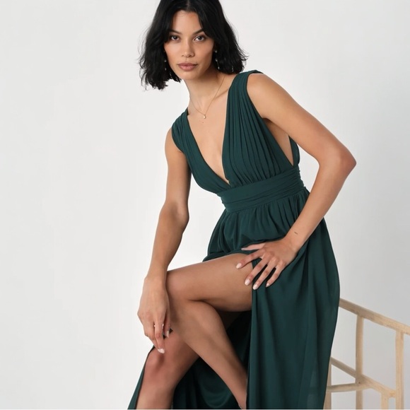 Lulus Plunge V Neck Forest Green Maxi Dress With Leg Slit Size Large - Picture 14 of 14